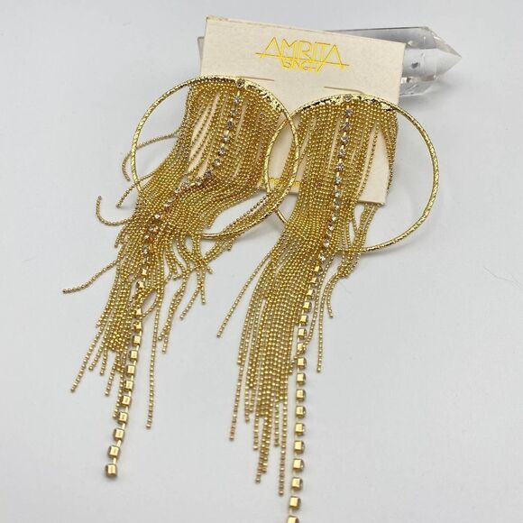 Amrita Singh Gold Chain Fringe Austrian Crystal Statement Earrings - Picture 1 of 5